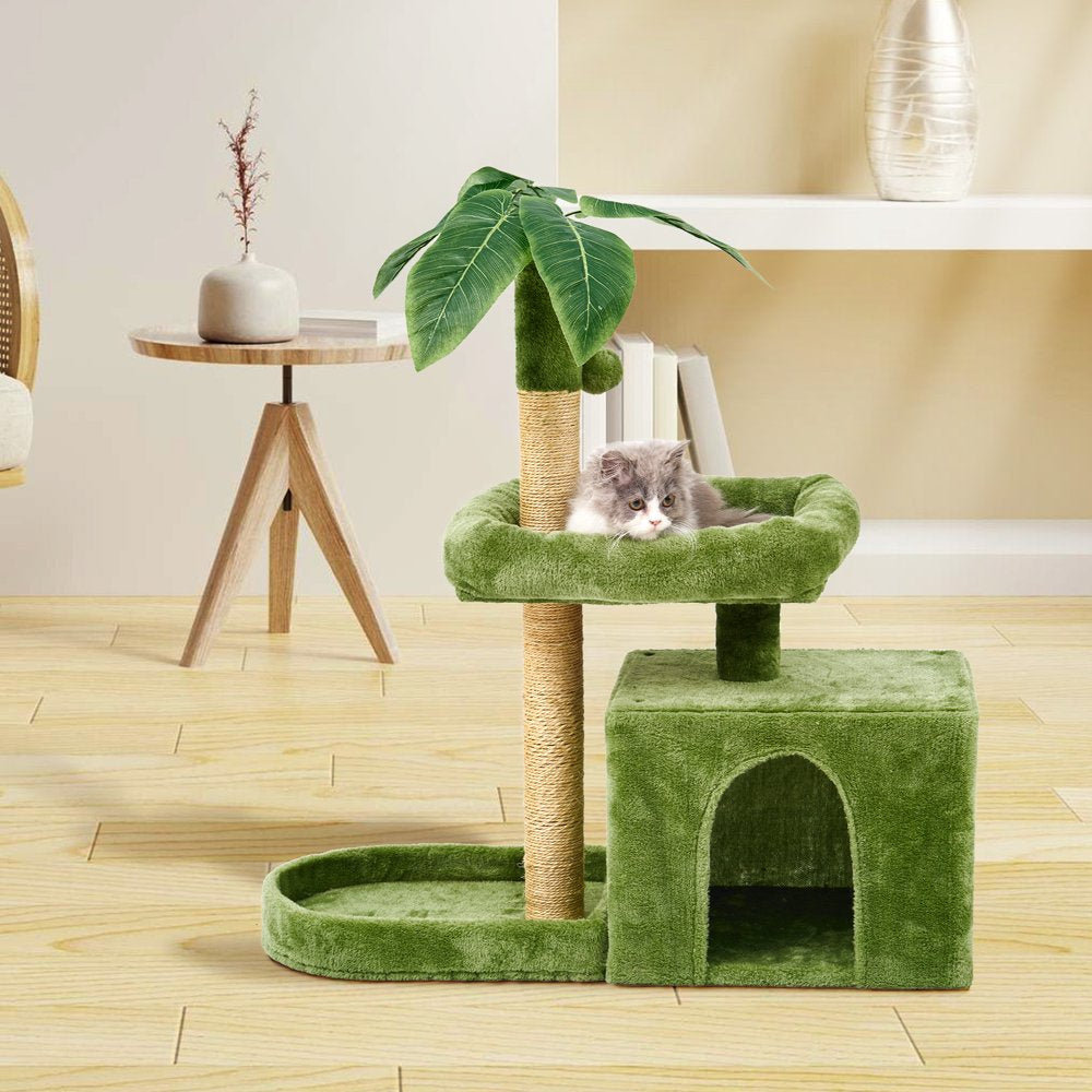 31.5" Cat Tree Cat Tower for Indoor Cats with Green Leaves, Cat Condo Cozy Plush Cat House with Hang Ball and Leaf Shape Design, Cat Furniture Pet House with Cat Scratching Posts,Beige