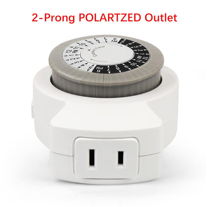 2-Pack Indoor Timer, 1 Polarized Outlet, 24 Hour Plug-In Mechanical Timer, Daily Cycle, Ideal for Lamps, Holiday Decor, Grow Lights, Aquarium, White, DCIT-00012P-DC