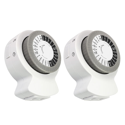 2-Pack Indoor Timer, 1 Polarized Outlet, 24 Hour Plug-In Mechanical Timer, Daily Cycle, Ideal for Lamps, Holiday Decor, Grow Lights, Aquarium, White, DCIT-00012P-DC